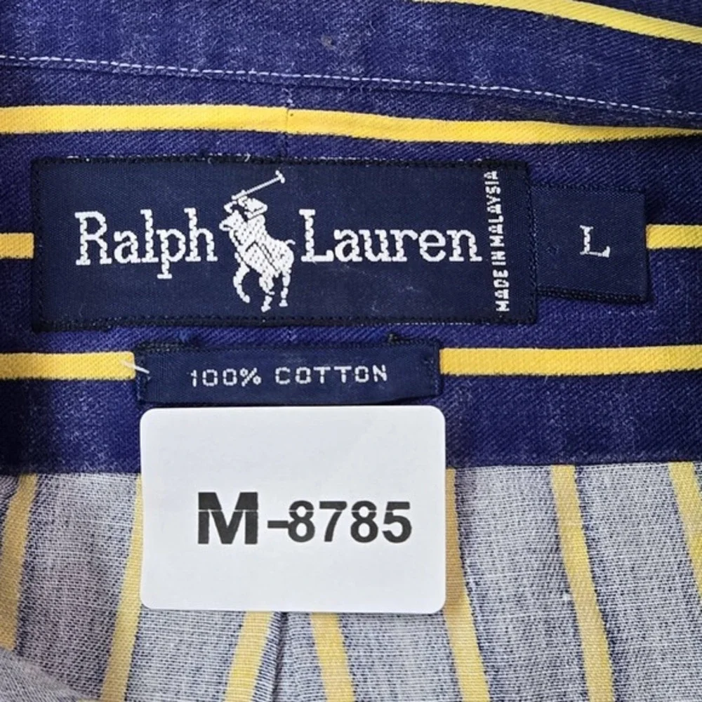 Ralph Lauren Men Button Up Shirt L‎ Blue Polo Player Embroidery Striped Long